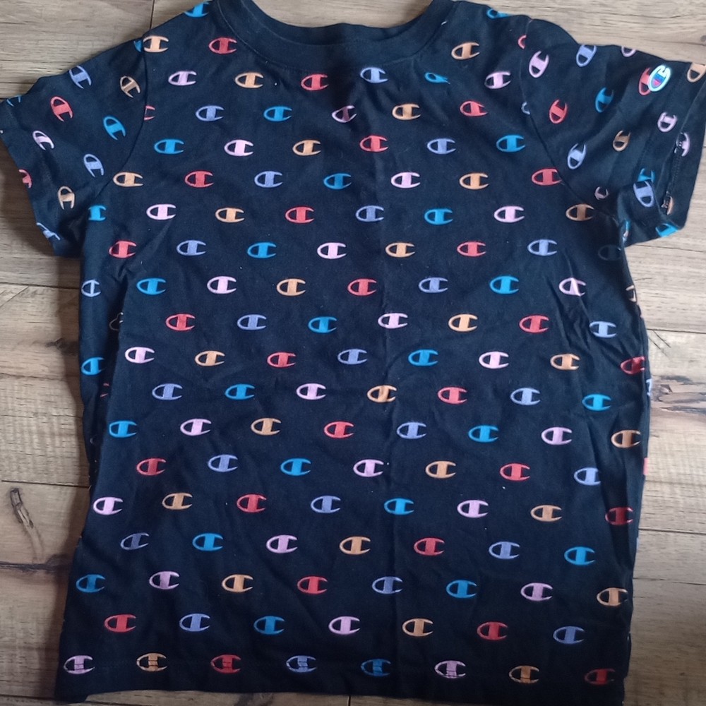 Champion Black Short Sleeve Tee with Logo Pattern